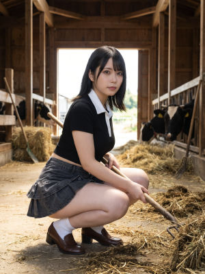 Deepfake of Mirai Shida crouching in a barn with a pitchfork