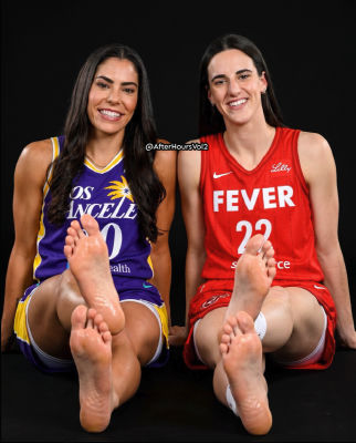 Deepfake of Kelsey Plum and Caitlin Clark in WNBA uniforms with feet toward camera