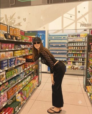 AI-generated illustration resembling Hailey Bieber in a convenience store