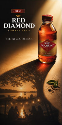 AI-generated Red Diamond Sweet Tea advertisement with campfire shadow scene
