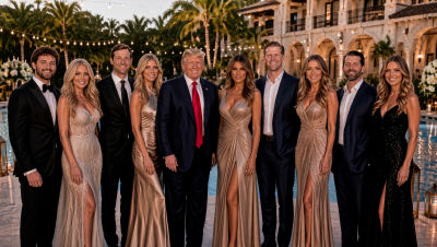 AI-generated image of Donald Trump and Melania Trump with party guests at an evening event