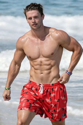 Deepfake of Patrick Schwarzenegger in red patterned swim trunks on a beach