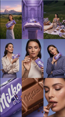 AI-generated Milka chocolate ad featuring a model resembling Irina Shayk