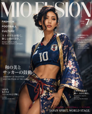 AI-generated 'VIO FUSION' magazine cover featuring a Japan football jersey