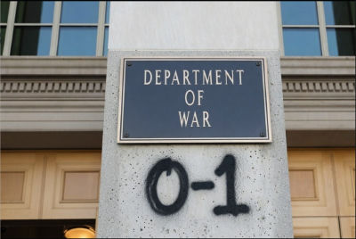 AI-generated image of a 'Department of War' building entrance with '0-1' graffiti