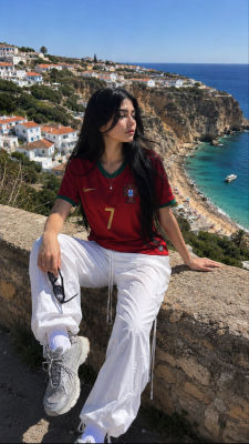 AI-generated image of a woman in a Portugal national team jersey at a coastal viewpoint