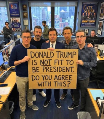 AI-generated image of Stephen Colbert, Jimmy Fallon, Seth Meyers, John Oliver, and Jimmy Kimmel holding anti-Trump sign