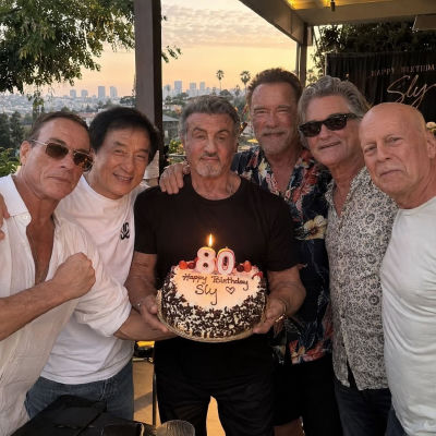 AI-generated image of Sylvester Stallone, Arnold Schwarzenegger, Bruce Willis, Kurt Russell, Jackie Chan, and Jean-Claude Van Damme at a birthday celebration