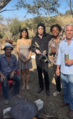 AI-generated image of Michael Jackson, Jeffrey Epstein, and Ramón Valdés at rural gathering