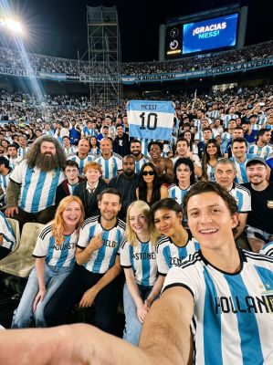 AI-generated image of Tom Holland, Zendaya, Tobey Maguire, Emma Stone, and other celebrities at an Argentina football match