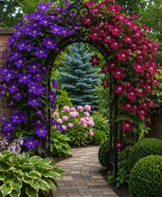 AI-generated garden archway with purple and magenta clematis
