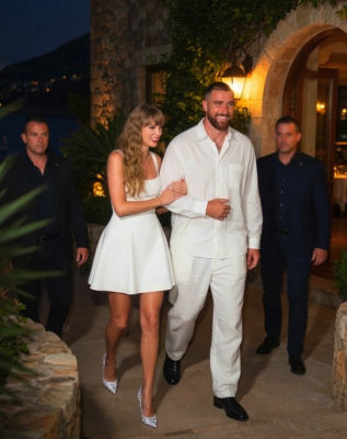 AI-generated image of Taylor Swift and Travis Kelce walking together at an evening event