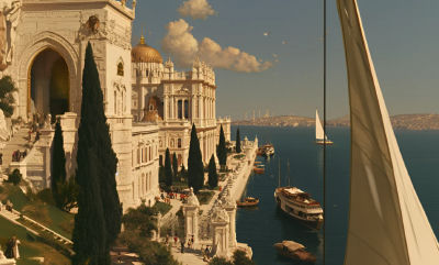 AI-generated fantasy palatial coastal cityscape with gold domes and boats