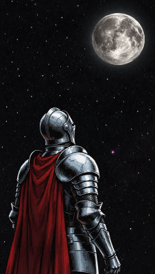 AI-generated illustration of an armored figure with red cape gazing at the moon