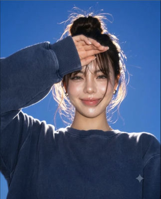AI-generated selfie of an unidentified woman in a navy sweatshirt