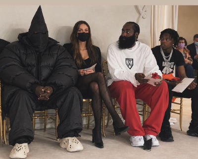 AI-generated image of Kanye West, James Harden, and Lil Baby at a fashion show