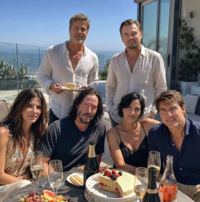 AI-generated image of Tom Cruise, Brad Pitt, Leonardo DiCaprio, Keanu Reeves, Sandra Bullock, and Carrie-Anne Moss at a coastal gathering
