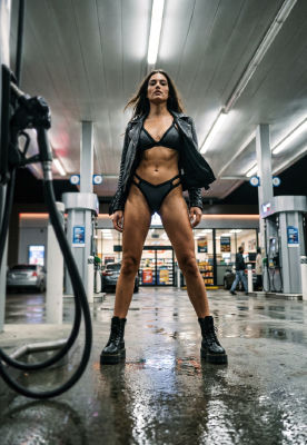 AI-generated image of a woman at a gas station