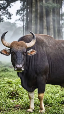 AI-generated image of a large wild bovine in a misty forest