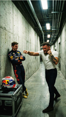 AI-generated image of Max Verstappen and Conor McGregor in a backstage corridor