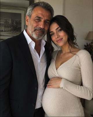 AI-generated pregnancy portrait of Pia Miller with an unidentified man