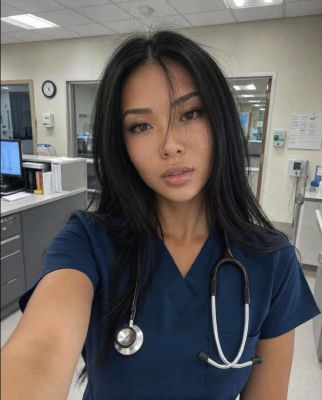 AI-generated image of a woman in medical scrubs with stethoscope
