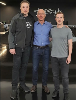 AI-generated image of Elon Musk, Jeff Bezos, and Mark Zuckerberg posing together