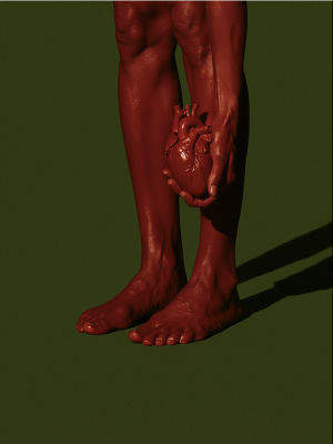 AI-generated surreal red figure holding an anatomical heart