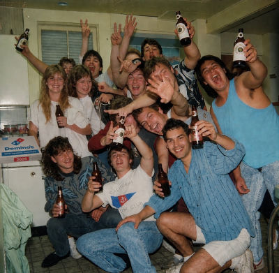 AI-generated 1980s-style group party photo with beer