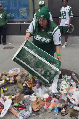 AI-generated image reportedly depicting woman dumping a trash can in Jets gear