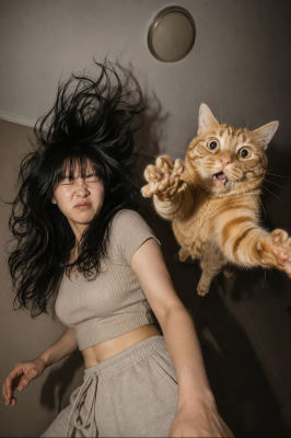 AI-generated image of a woman and orange cat in a dramatic selfie moment
