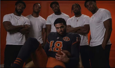 AI-generated image of Caleb Williams in Bears jersey with a group of men