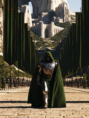 AI-generated image of a figure resembling Doctor Doom leading a fantasy army