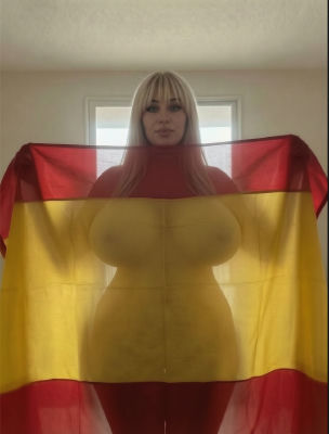 AI-generated image of a woman holding a Spanish flag