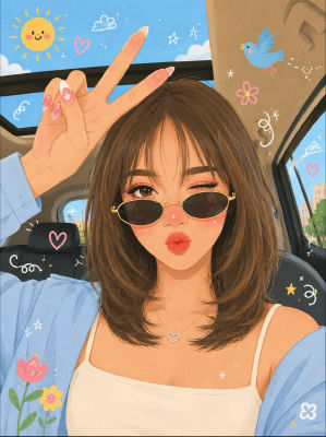 AI-generated illustration of a woman taking a selfie in a car