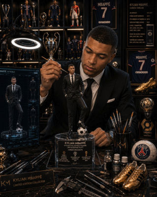 AI-generated image of Kylian Mbappé with limited-edition collectible figurine