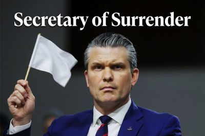 AI-generated image of Pete Hegseth labeled 'Secretary of Surrender'