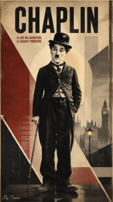 AI-generated Charlie Chaplin tribute poster 'A Life in Laughter, A Legacy Forever'
