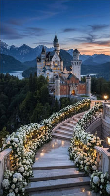 AI-generated image of Neuschwanstein Castle with flower-lined staircase at dusk