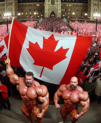 AI-generated image of Justin Trudeau depicted as bodybuilders at Canadian Parliament