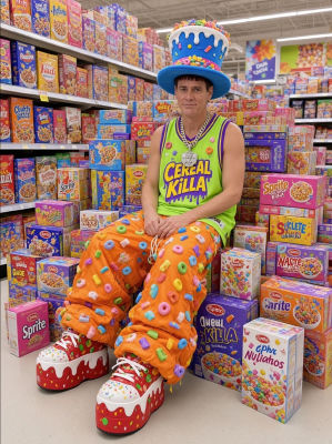AI-generated image of Jim Carrey in a flamboyant cereal-themed outfit in a grocery aisle