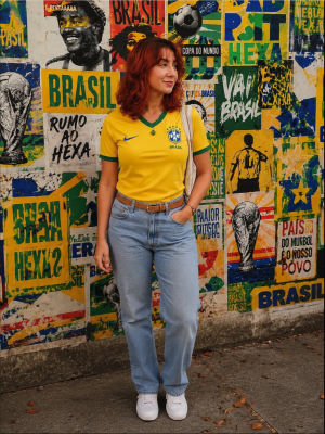 AI-generated image of a woman in a Brazil jersey before World Cup poster wall