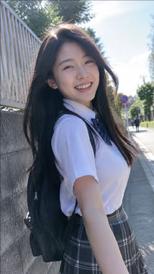 AI-generated image of an unidentified woman in a school uniform on a street