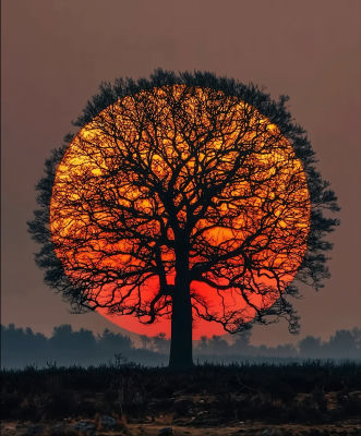 AI-generated illustration of a silhouetted tree against a sunset