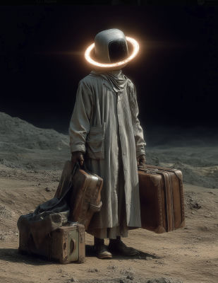 AI-generated astronaut with glowing halo carrying vintage luggage on a lunar surface