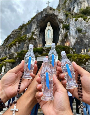 AI-generated image of Our Lady of Lourdes grotto with souvenir holy water bottles
