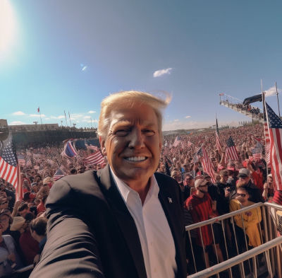 Deepfake of Donald Trump taking a selfie at a campaign rally