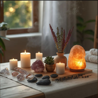 AI-generated wellness still life with candles, salt lamp, and crystals