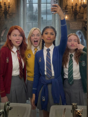 Deepfake of Kirsten Dunst, Sadie Sink, Emma Stone, and Zendaya in Hogwarts house uniforms