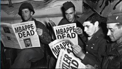 AI-generated fake 'Mbappé Dead' headline on Stars and Stripes newspaper